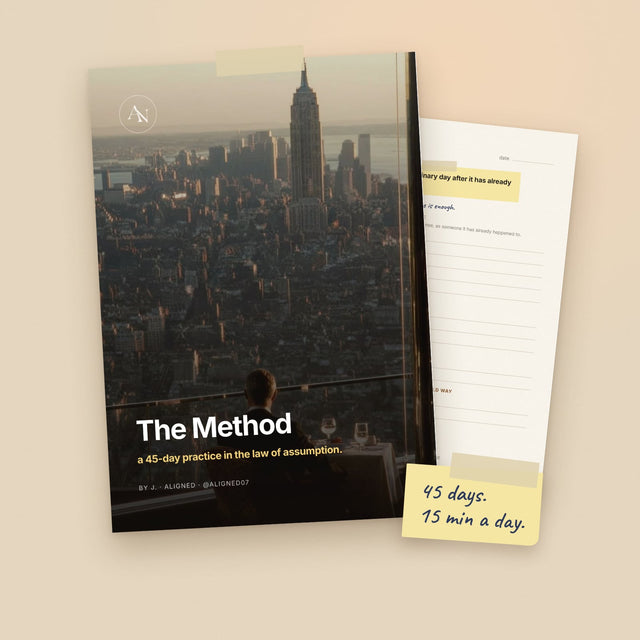 The Method cover taped to a table with the first journal page underneath and a sticky note: 45 days, 15 min a day.