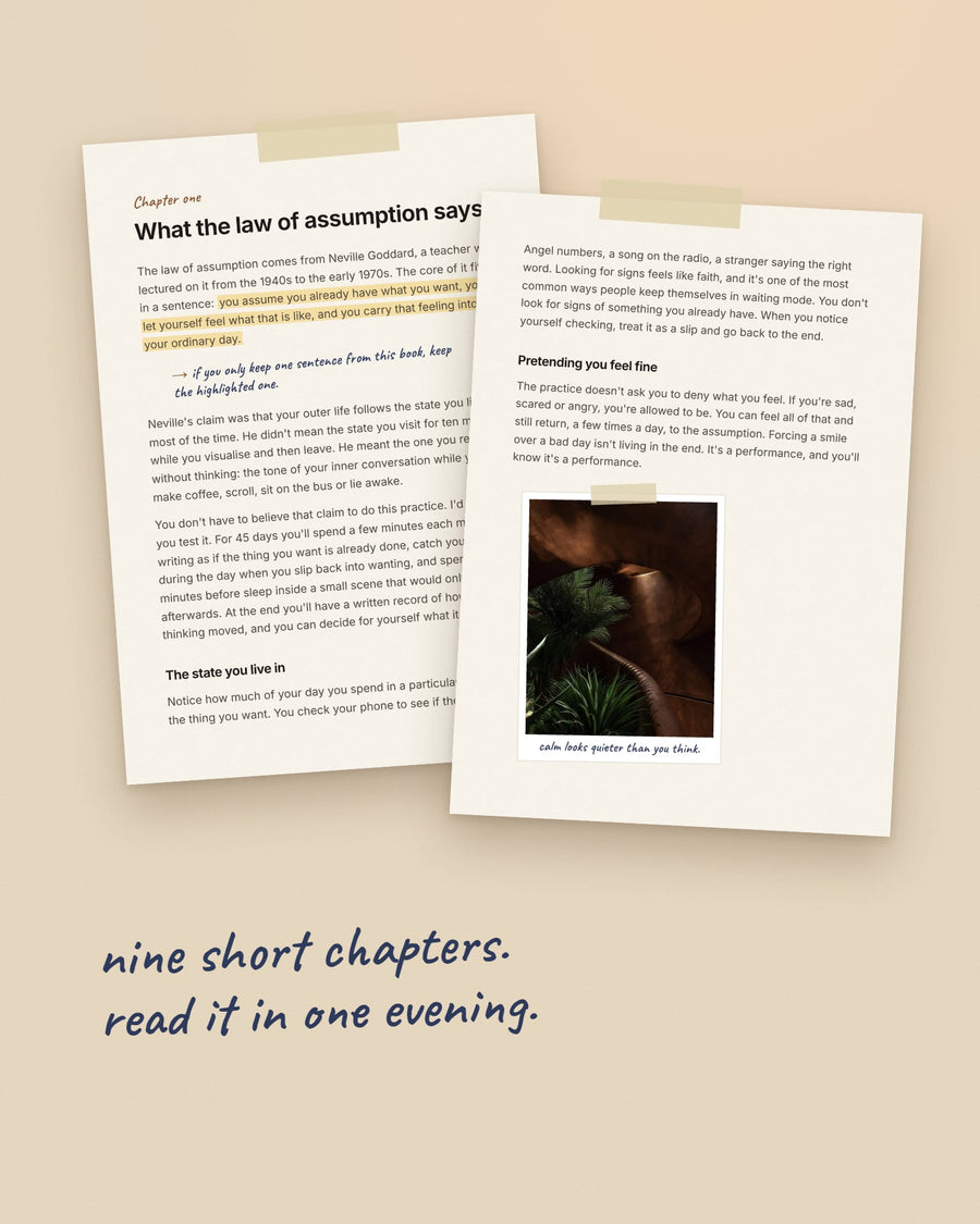 Two pages from The Method ebook taped to a table, with highlighted lines and a taped photo. Handwritten note: nine short chapters, read it in one evening.