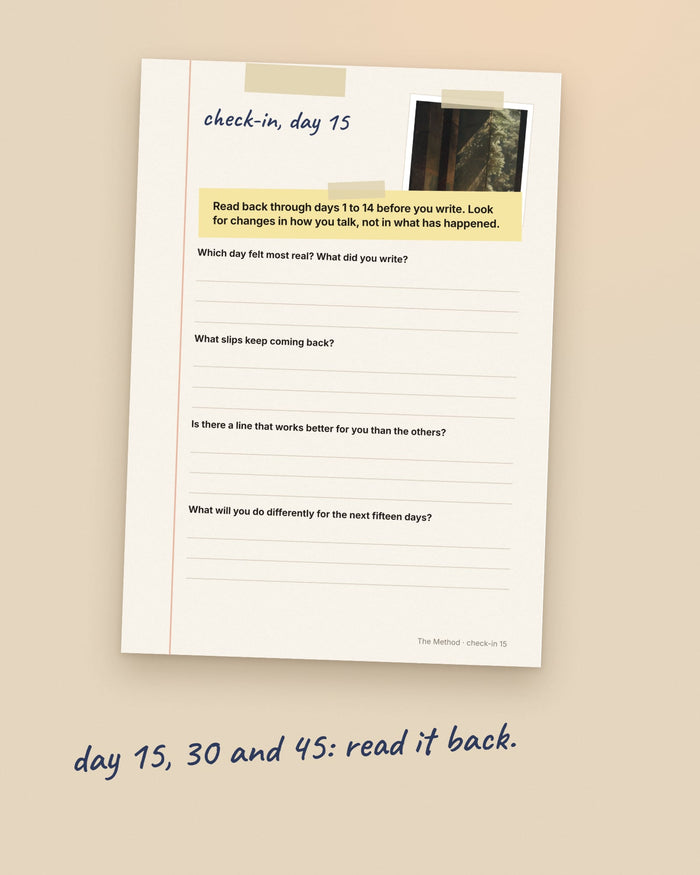 The day 15 check-in page with four questions. Handwritten note: day 15, 30 and 45, read it back.