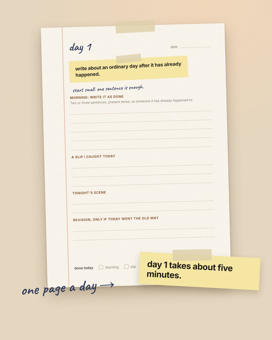 Day 1 of the 45-day journal: one prompt and space for the morning, a slip and tonight's scene. Sticky note: day 1 takes about five minutes.