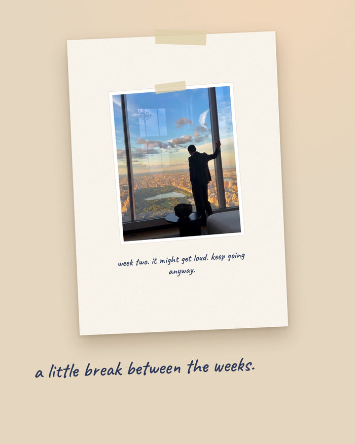A week-break page from the journal with a taped photo and a handwritten line.