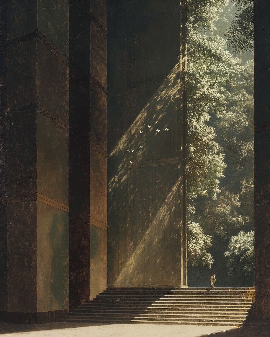 Light falling through tall trees beside a stone building.