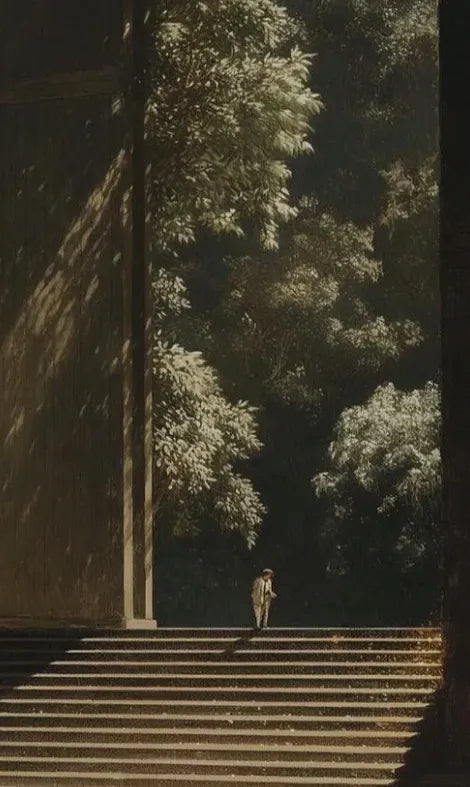A small figure at the top of wide stone steps in morning light.